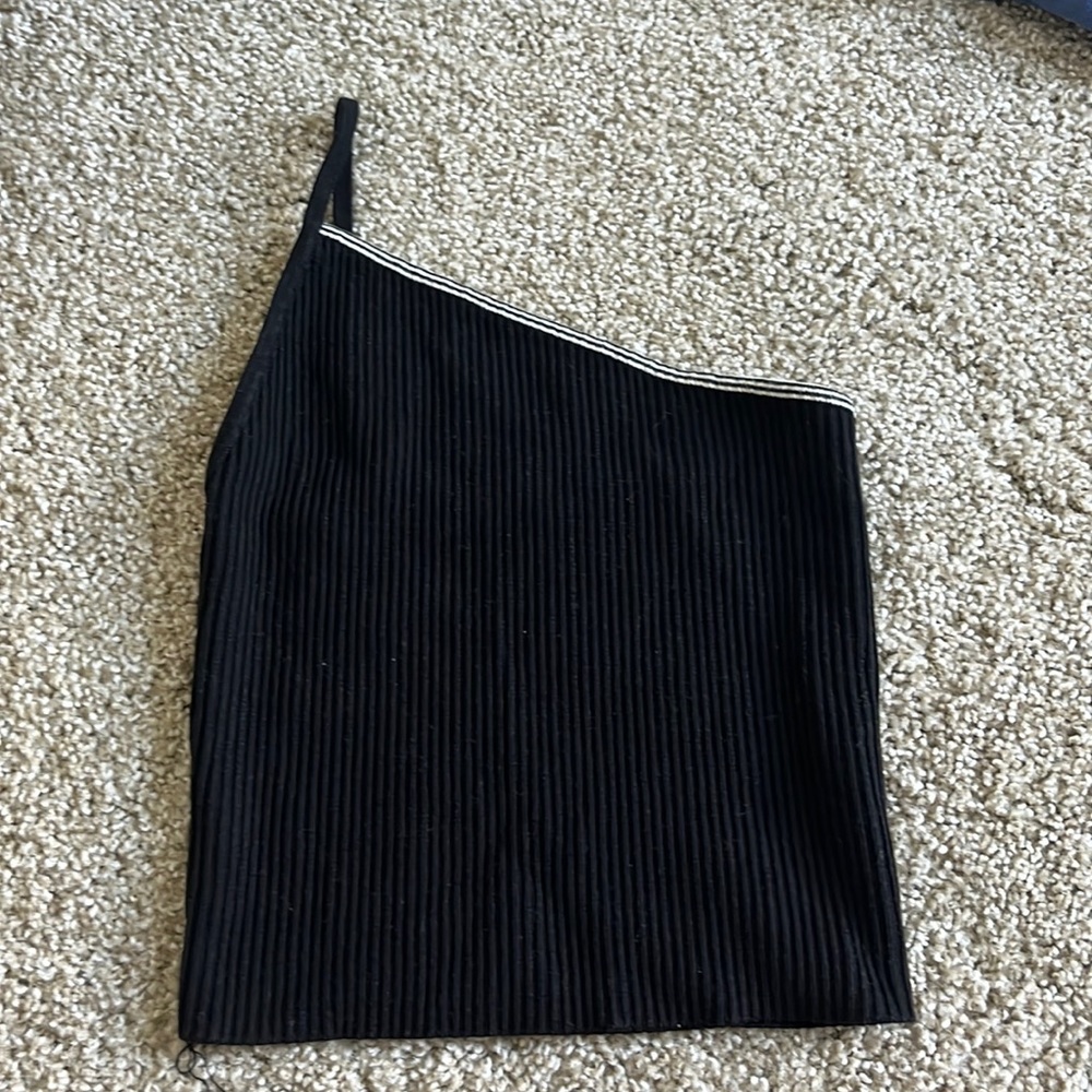 Urban Outfitters Black One Shoulder Ribbed Top with White Stripe